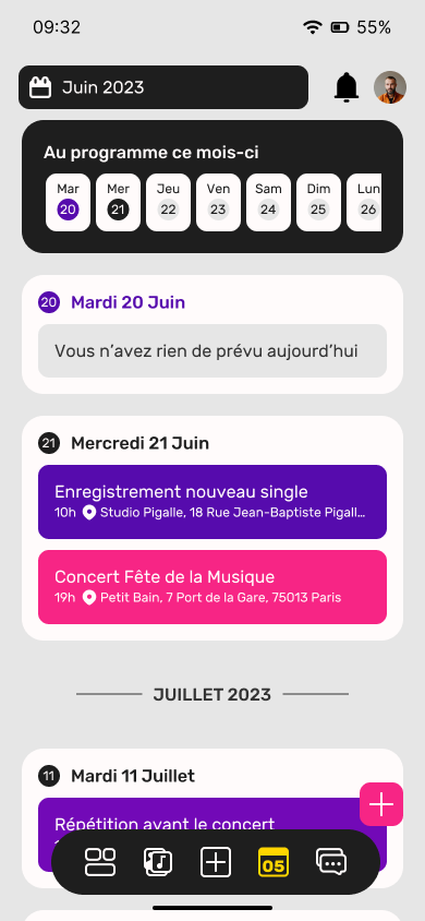 page agenda de l'utilisateur