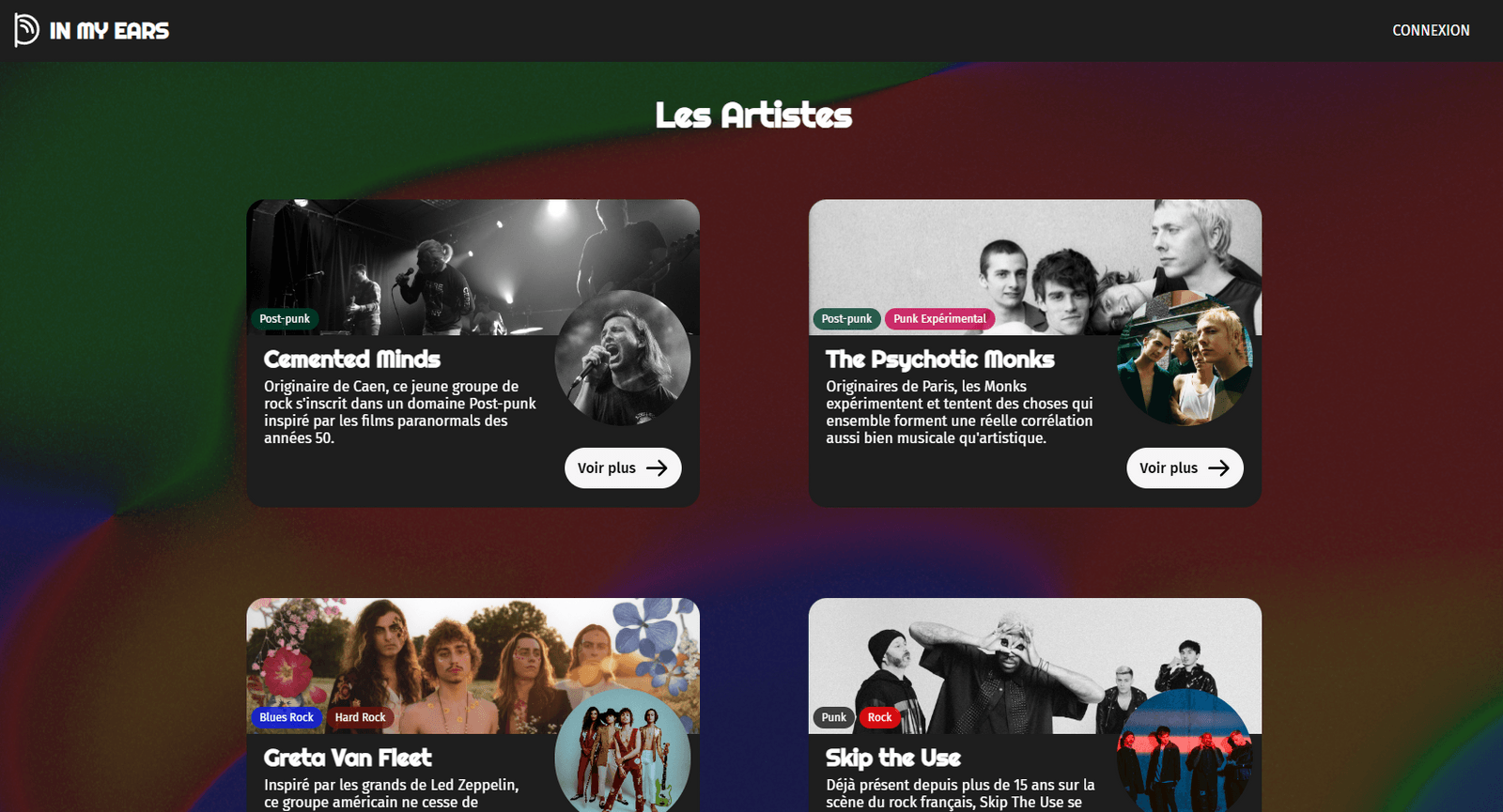 capture d'écran de la grille des artistes